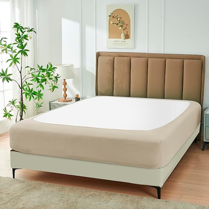 Biscaynebay Decorative Box Spring Cover King & Cal King Size, Light Camel Luxurious Jersey Knitting Stretchy Wrap Around 4 Sides Bed Skirt for Home/Hotels, Easy Fit Wrinkle Free Machine Washable