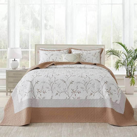 Oversized Queen Bedspread 102"x120" - 100% Cotton Lightweight All-Season Quilted Coverlet with Vine Floral Design - Elegant Farmhouse & Modern Bedding - Oversized Queen Quilt Brown/White
