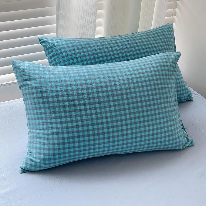 LifeTB Blue Gingham Comforter Set King 3 Pieces Blue Grey Grid Checkered Pattern Comforter with 2 Pillowcases Farmhouse Gingham Grid Bedding Set Soft Fluffy Modern Geometric Plaid Comforter Set