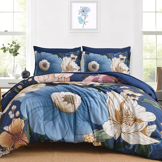 Xruibed Retro Navy Blue Floral Comforter Set King Size 7 Pieces Bed in a Bag Navy Floral Comforter Flower Bedding Sets Lightweight Boho Bed Set with Sheet, Pillowcases&Shams for All Season