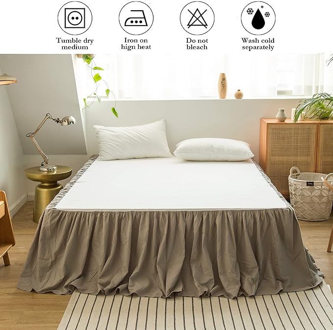 BISELINA French Linen Bed Skirt with Pleated Frills 22-Inch Tailored Drop Natural Flax Cotton Blend Dust Ruffle Soft Cozy Farmhouse Bedding (22" Queen, Grey)