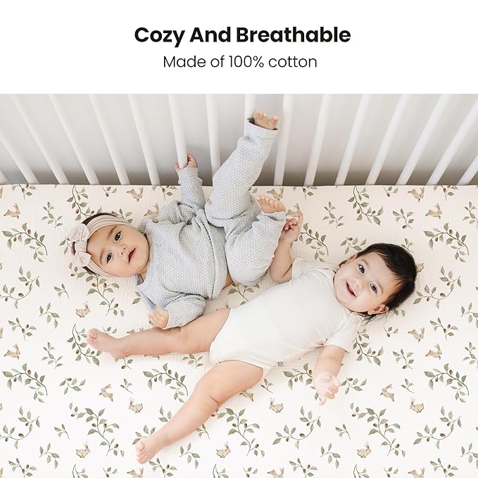 Konssy Muslin Crib Sheets 2 PCS, 100% Cotton Baby Crib Sheets for Standard Crib Mattress (28"x 52"), Soft and Breathable for Boys, Girls (Rabbit,Fog Green)