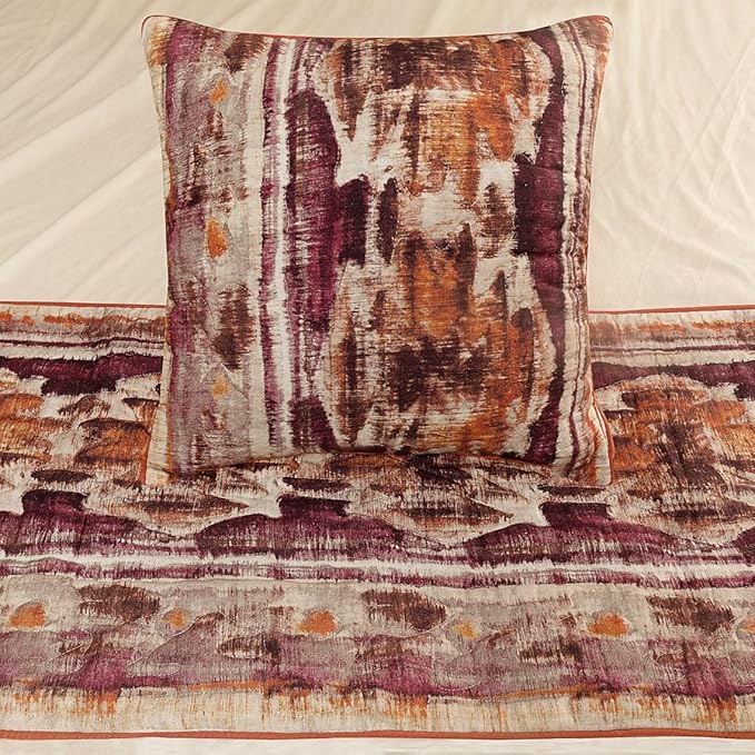 The HomeCentric King Queen Twin Pink & Orange Designer Full 68"x18" Bed Runner with 2 Pillow Cover, Ikat & Quilted Bed Scarf on Cotton Printed Fabric - Ikat Splash