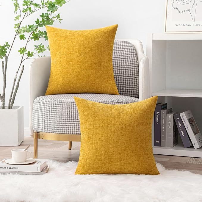 MIULEE Pack of 2 Mustard Yellow Throw Pillow Covers 16x16 Inch Soft Spring Chenille Pillow Covers for Sofa Living Room Couch Solid Dyed Cases