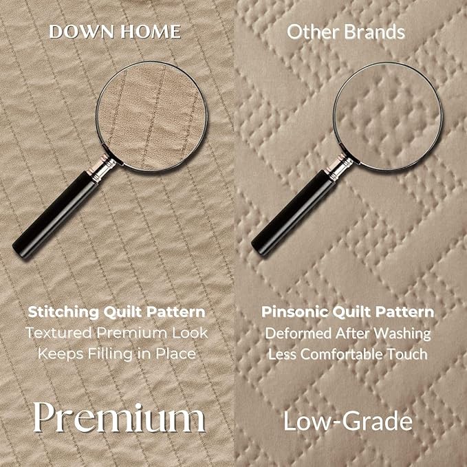 DOWN HOME Twin Quilt Bedding Set with Sham, Vintage Washed Soft Quilted Blanket Thin Comforter Lightweight Bedspread Coverlet Bed Cover, Brushed Microfiber Stripe Stitching, Brown, 66"x92"
