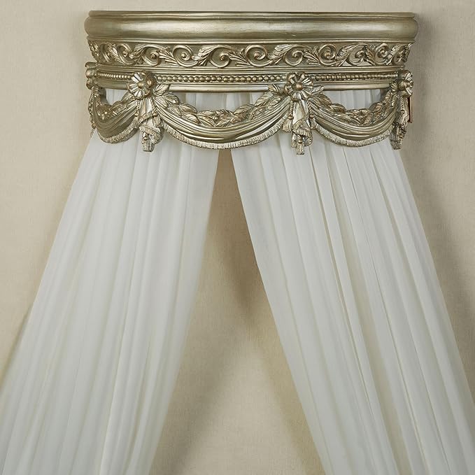 Touch of Class Platinum Swag and Bow Wall Teester Bed Crown | Ornate Canopy | Acanthus Leaves, Scrollwork, Floral, Beaded | Removable Rod for Drapes, Sheers | Elegant Traditional Classical