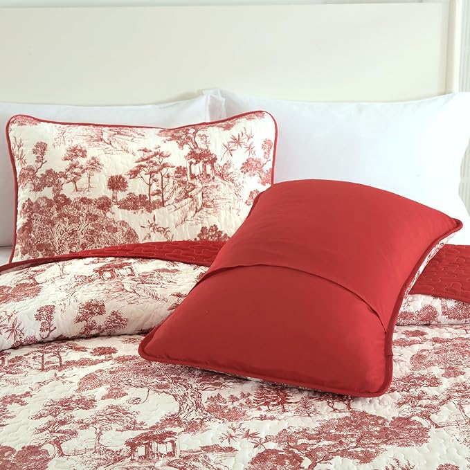 WONGS BEDDING Botanical Quilt Set King Size, Christmas Red 3 Pieces Floral Plants Printed Bedspread Bedding Set Christmas Soft Lightweight Microfiber Coverlet Set for All Season (104"x90")
