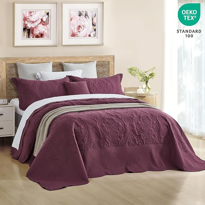 CHIXIN Bedspread Coverlet Quilt Set Full Size - Lightweight Bedding Cover - Beautiful Stitching - 5 Piece Reversible Bedspread - Gorgeous Damask Paisley Pattern (Full, Purple)