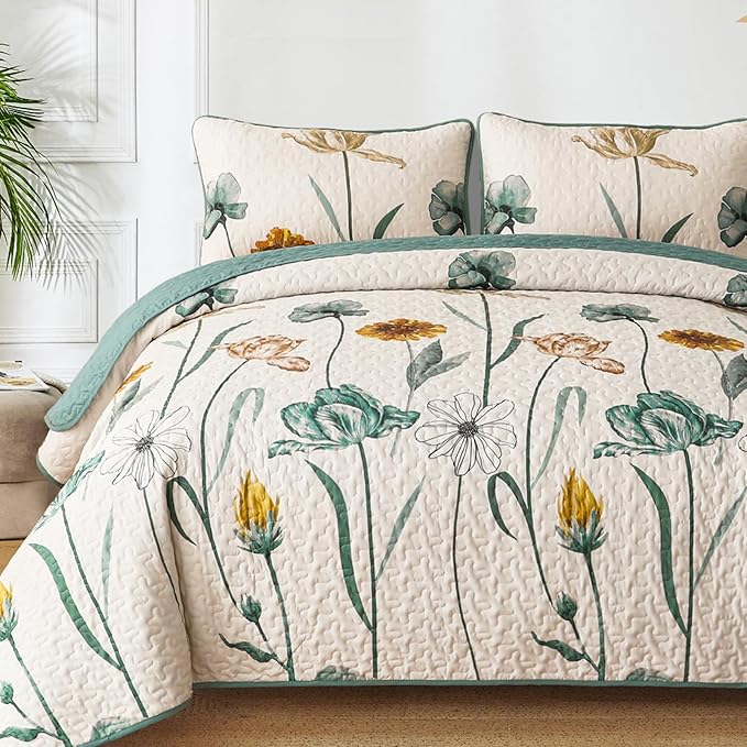 WONGS BEDDING Floral Quilt Set Full,Green Yellow Floral Botanical Bedspread Bedding Set with 2 Pillowcase,Lightweight Spring Farmhouse Coverlet Set for All Season (78"x90")