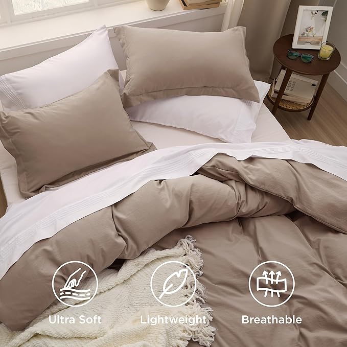 Bedsure Khaki Oversized Queen Duvet Cover - 3 Pieces Prewashed Cotton-Like Extra Soft Bedding Set, Includes 1 Duvet Cover 98x98 Inches with Zipper Closure & 2 Pillow Shams, Comforter Not Included