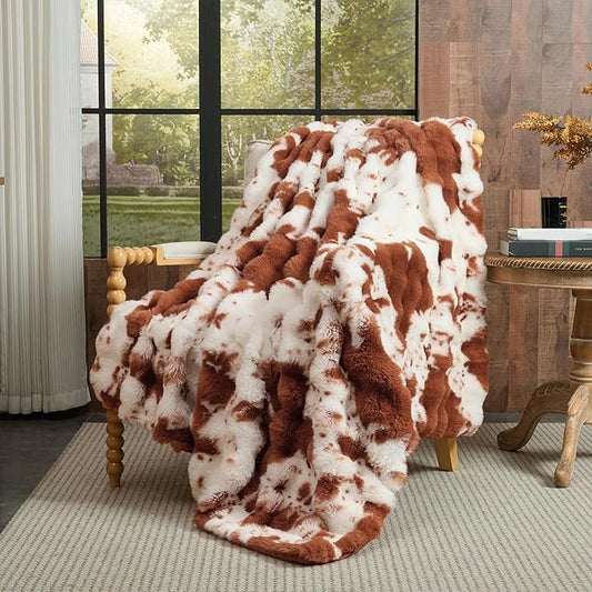 Lotus Karen Faux Fur Throw Blanket Cow Print-Light Brown, Fluffy Fuzzy Plush Bubble Blanket for Couch, 108x90 Inches Cozy Shaggy Rabbit Blanket, Luxury Decorative Gifts for Sofa Bedroom Living Room.