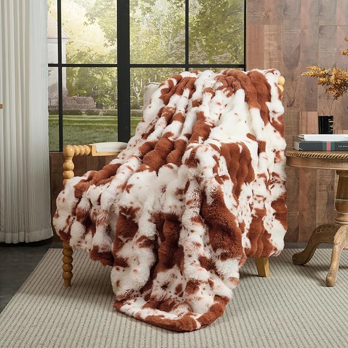 Lotus Karen Faux Fur Throw Blanket Cow Print-Light Brown, Fluffy Fuzzy Plush Bubble Blanket for Couch, 80x60 Inches Cozy Shaggy Rabbit Blanket, Luxury Decorative Gifts for Sofa Bedroom Living Room.