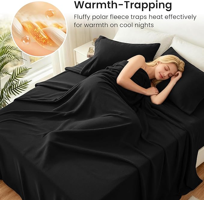 Love's cabin Fleece King Sheet Set - 4 Pcs Black Super Soft Plush Polar Fleece Bed Sheets Set with 16" Deep Pocket,Cozy Warmth for Cold Season(1 Flat Sheet,1 Fitted Sheet,2 Pillow Cases)