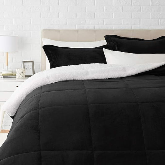 Amazon Basics 3 Piece Bedding Set, Micromink Sherpa, Ultra-Soft, Warm All Season Comforter, King, Black, Solid