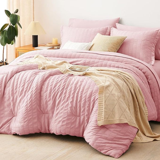 CozyLux Queen Comforter Set Pink Seersucker 7 Pieces Bed in a Bag Queen Comforter Set with Sheets, Luxury Soft Bedding Set with Down Alternative Comforter, Sheets, Pillowcases & Shams All Seasons