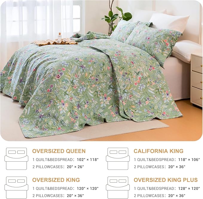 QSH 100% Cotton Oversized King Quilt Bedspread Bedding Set(128"x120"),3Pcs Extra Wide Green Floral Quilt Flower Bird Butterfly Printed Bedspread Coverlet Oversized King Lightweight Soft Bedding Set