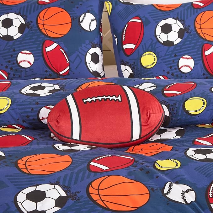 Chezmoi Collection 4-Piece Kids Sports Balls Bedding Comforter Set Full/Queen Size - Soft Microfiber Navy Blue Gray Orange White Printed Football Soccer Basketball Baseball Tennis for Kids/Teens