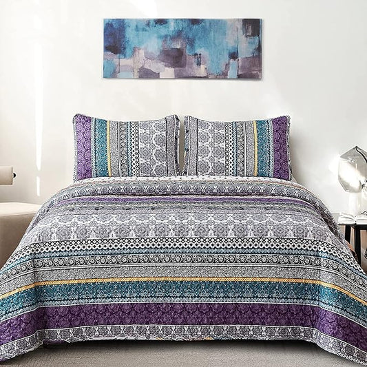 WONGS BEDDING Boho Quilt Set Full Size, Purple Bohemian 3 Pieces Quilt Sets, Lightweight Bedspread Coverlet Bedding Set for All Season (90"x78")