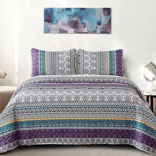 WONGS BEDDING Boho Quilt Set Twin Size, Purple Bohemian 2 Pieces Quilt Sets, Lightweight Bedspread Coverlet Bedding Set for All Season (86"x68")
