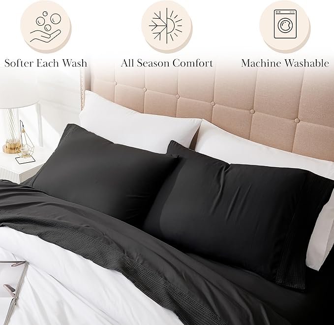 SouthShore Fine Living Vilano Pleats, 4-Piece, 21-Inch Extra Deep Pocket Sheet Set, Full Sheets Set with Flat Sheets and Pillowcase, Easy Care and Shrinkage-Free Deep Pocket Sheets, Sheet Set, Black