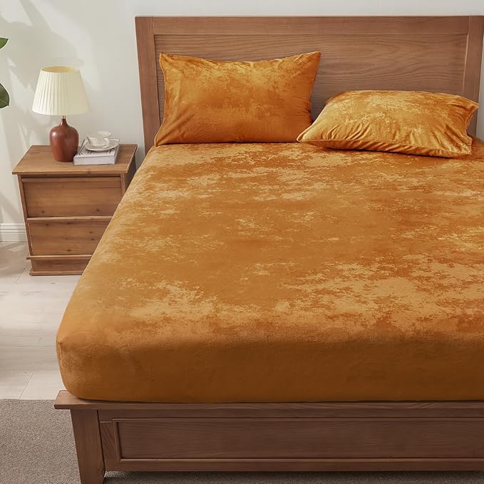 BEDELITE Velvet Fitted Sheet and Pillowcases Set, Luxury Soft Fuzzy Bottom Sheet with Elastic Corner Straps, Deep Pocket up to 15 Inch, 1 Fitted Sheet and 2 Pillowcases (Cal King, Burnt Orange)