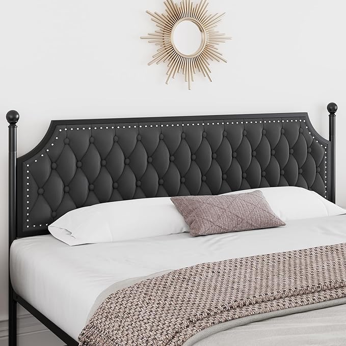 Keyluv Queen Upholstered Canopy Bed Frame with 2 Drawer and Button Tufted Headboard Metal Platform Bed with 4 Removable Posts Two-Purpose Velvet Bed No Box Spring Needed Dark Grey/Curtain Not Included