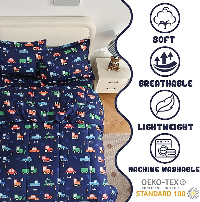 Car Kids Comforter Set for Boys Full Size, Cute Reversible Quilted Navy Blue Printed Construction Toddler Bedding Set with Pillow Sham, Lightweight Soft Breathable Machine Washable Bed Set 3 Piece