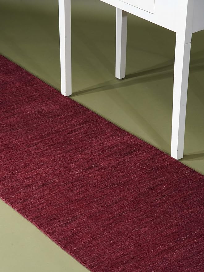 HAND KNOTTED LOOM WOOL ECO-FRIENDLY AREA RUGS - 2'8''x6', Runner Shape, Dark Red Color, Plain Solid Design, High Pile Thick Handmade Anti Skid Area Rugs for Living Room, Bed Room (L00111)