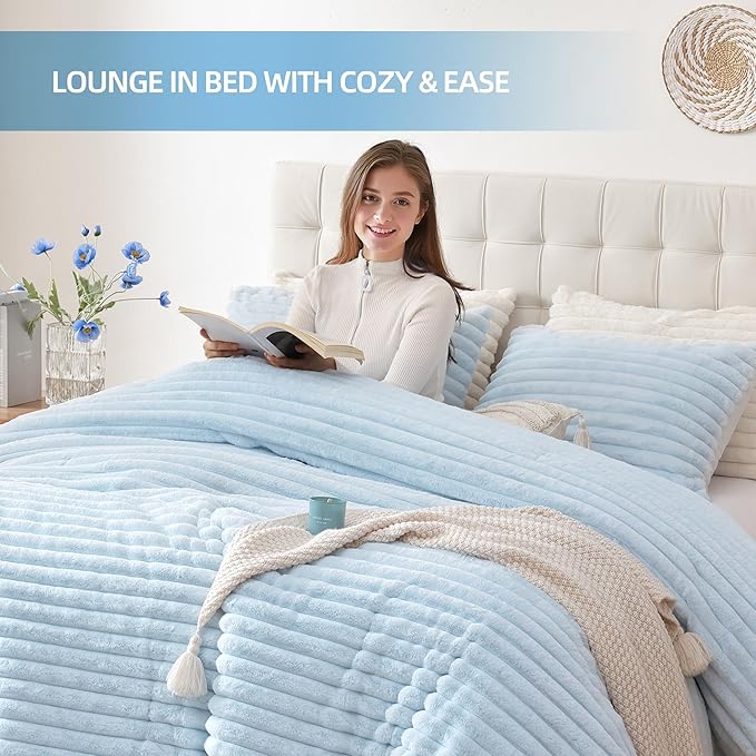 Smoofy Fluffy Twin Comforter Sets 2 Pieces - Light Blue Fleece Fluffy Comforter Set, Luxury Fuzzy Twin Bedding Set, Soft Warm Comforter All Season, Heavy Faux Fur Comforter with Pillow Cases