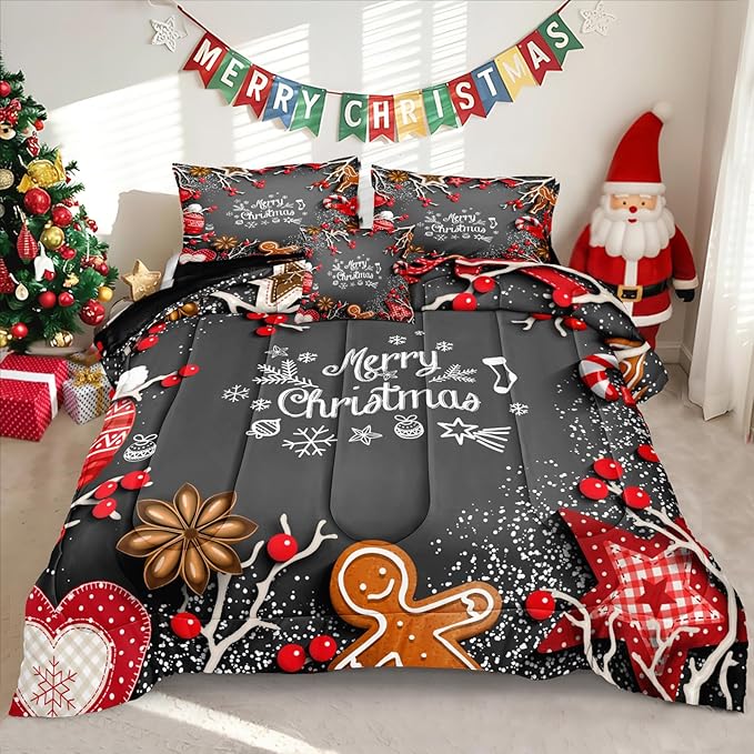Bedbay Christmas Bedding Queen Christmas Comforter Set Cartoon Gingerbread Man Printed Xmas Themed Bedding 4-Piece Room Decorations Boys Girls Festival Theme Comforter (Xmas,Queen)