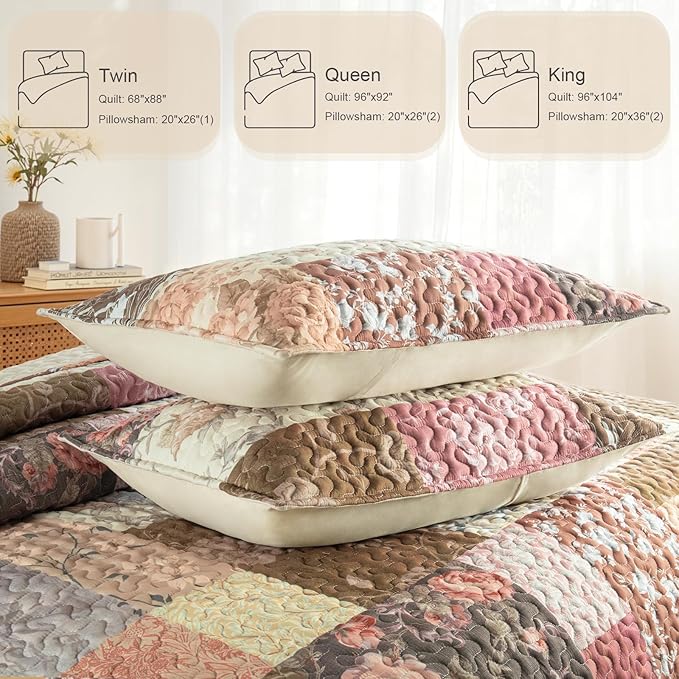 Whale Flotilla Patchwork Quilt King Size, Soft Boho Floral Bedspreads for Bed Reversible Lightweight King Quilt Bedding Set Coverlets with 2 Pillow Shams for All Seasons, Vintage Red Flowers