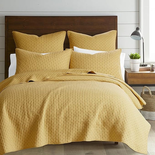 Levtex Home Cross Stitch Reversible Full/Queen Quilt Set (88x92in) with 2 Pillow Shams (26x20in) - Stitch Texture - Ochre - Cotton Full/Queen Size Quilt Bedding Set - Lightweight, Soft, Pre-Washed