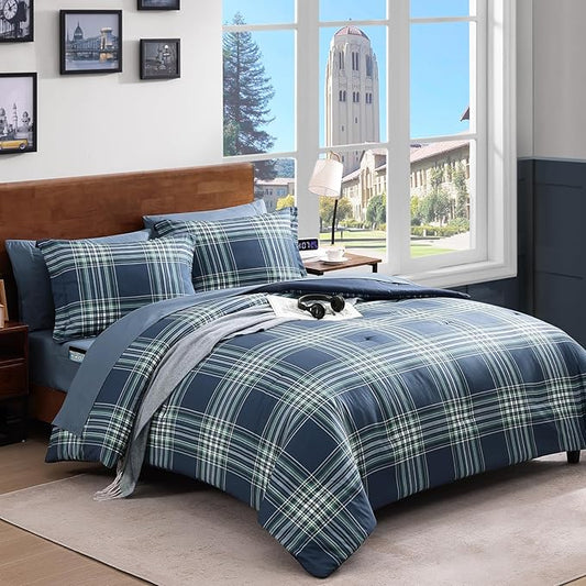 Plaid Full Comforter Sets, Midnight Blue Bedding Set 7 Pieces for Boys Girls Teen, Classic Farmhouse Bed in a Bag for Dorm with Sheets, Pillowcases & Shams