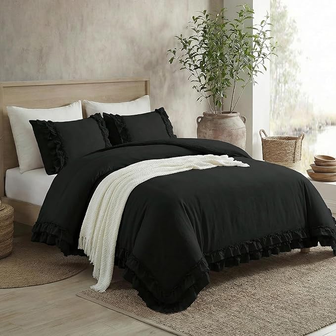 Bedorm Black Duvet Cover Queen Pleated Ruffled Bedding Set Shabby Chic Lace Ruffle Fringe French Country Room Decor Super Soft Cozy Black Boho Duvet Cover Sets