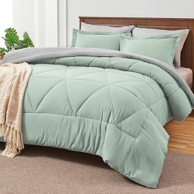 BEDELITE California King Size Comforter Set 7 Pieces Bed in A Bag - Soft Microfiber Reversible Cal King Sage Green Bed Set with Comforters,Sheets,Pillowcases & Shams,Cozy Bedding Sets for All Season