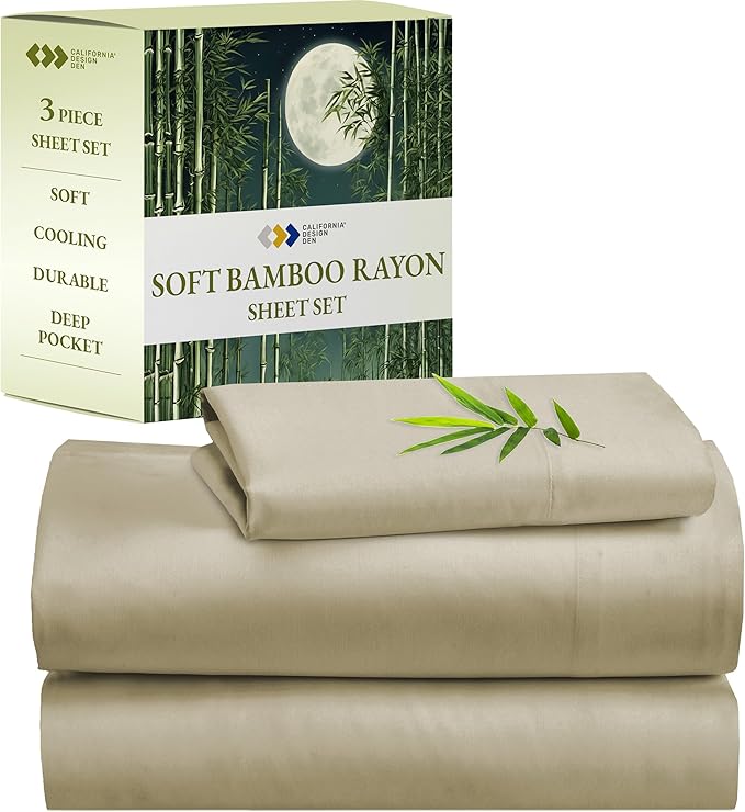 California Design Den Twin Bed Sheets Set - Luxury Rayon from Bamboo Twin Sheet Set with Deep Pockets, Cool and Durable Bedding - Beige