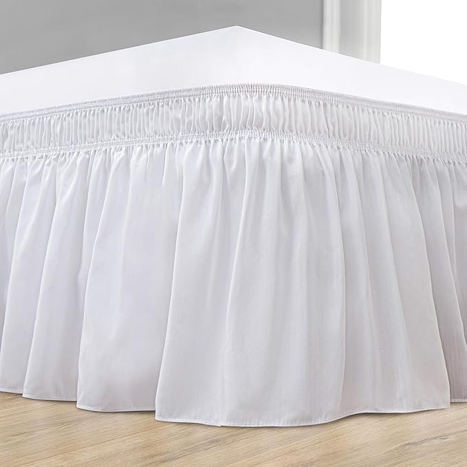 Wrap Around Bed Skirts Elastic Dust Ruffles, Easy Fit Wrinkle and Fade Resistant Silky Microfiber Fabric Solid Color Bedskirt, 12 Inch Tailored Drop White for Olympic Queen Size Bed Skirt