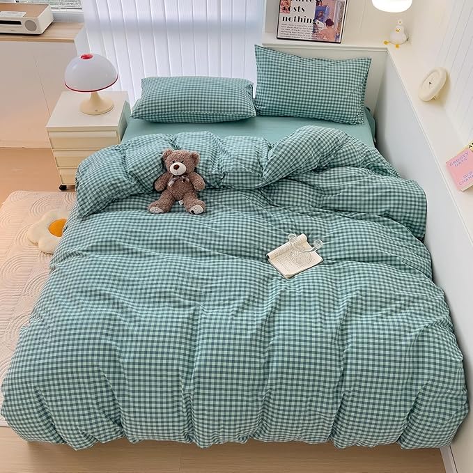 LifeTB Twin XL Comforter Set Green Gingham Comforter for Men Boys Geometric Plaid Comforter Set Fluffy Soft Plaid Gingham Bedding Set Green Blue Grid Checkered Pattern Comforter with 2 Pillowcases
