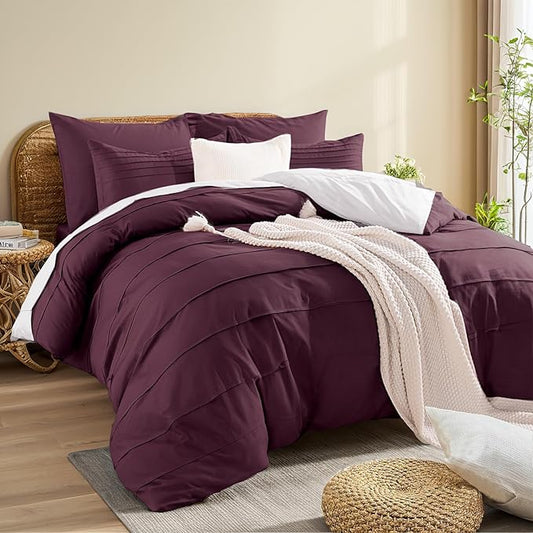 NEXHOME PRO 100% Organic Cotton Duvet Cover King Size, Linen Like Pleated Textured Burgundy Bedding Set, 3pc Bedding Set with Zipper Closure, Soft,Breathable,104"x90", No Comforter