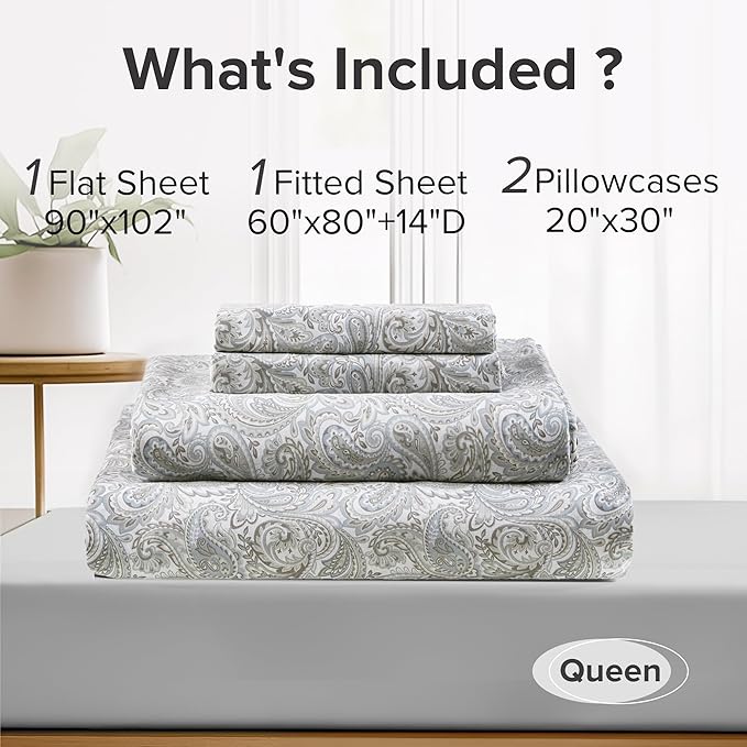 Comfort Spaces 100% Cotton Sheets Queen, Breathable, Naturally Cool Cotton Sheets, Soft Cotton Bed Sheets with 14" Elastic Pocket Fits up to 16" Mattress, All Seasons Sheet Set, Paisley Multi 4 Piece