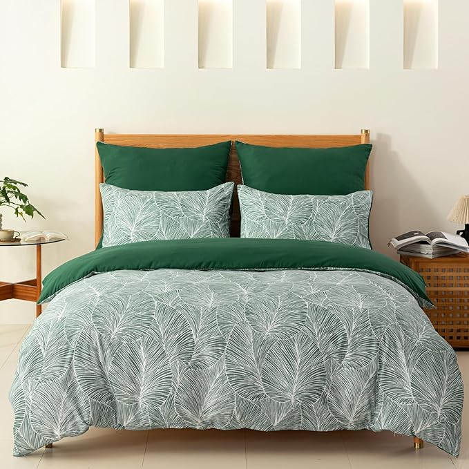 Lekesky Emerald Green Duvet Cover Queen Size, Reversible Queen Comforter Cover with Tropical Leaves Pattern, Soft 100% Washed Microfiber 3 Pieces Green Bedding Set with Zipper and 2 Pillowcases
