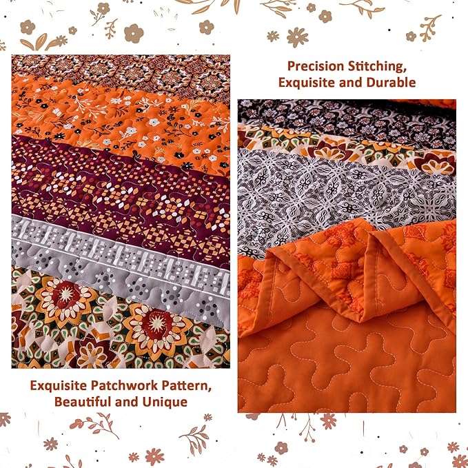 WONGS BEDDING Boho Quilt Set Queen,Fall Burnt Orange Bohemian Striped Patchwork Bedspread Coverlet Set with 2 Pillowcases,Lightweight Microfiber Floral Bedding Set 96"×90"