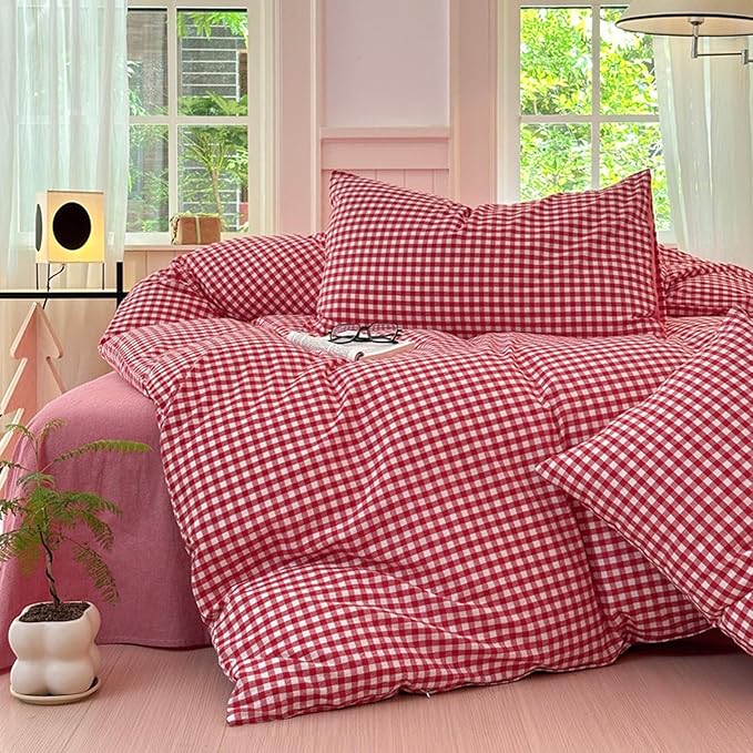 LifeTB Red Gingham Comforter Set Full Modern Style Red Plaid Comforter Set 3 Pieces Soft Fluffy Grid Checkered Pattern Comforter with 2 Pillowcases Vintage Luxury Soft Gingham Bedding Comforter Full