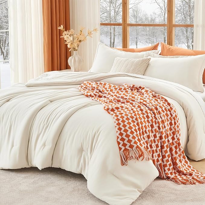 MUXHOMO Full Comforter Sets, All Season Ultra Soft Down Alternative Bedding - 3 Piece Lightweight Bed Set Includes 1 Comforter (82"x86") and 2 Pillow Shams (20"x26"), Ivory