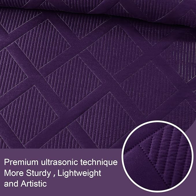 Exclusivo Mezcla King Quilt Set- Deep Purple Quilts Bedding Set with 2 Pillow Shams, Modern King Bedspread with Striped Pattern, Soft Lightweight Bedspreads Coverlets for All Seasons
