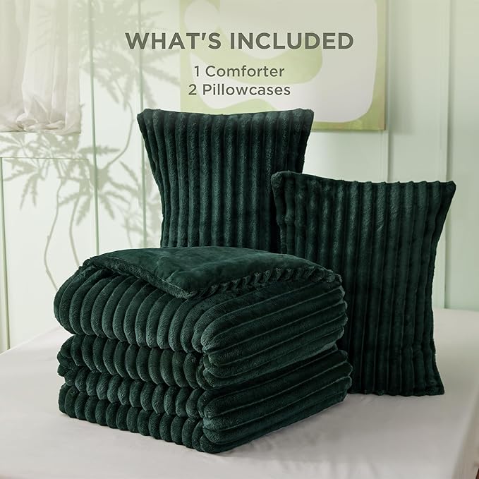 Bedsure Queen Comforter Set - GentleSoft™ 3 Pieces Fluffy Double-Side Fleece Comforter Set, Cozy Striped Room Decor Aesthetic, Luxury Emerald Bedding Queen Size with 2 Pillowcases, 90x90 Inches
