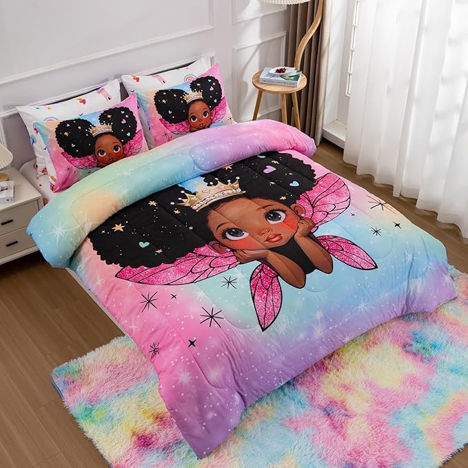 A Nice Night Black Girl Princess with Wings Comforter Set,Pink Gradient Glitter Rainbow Galaxy 6pcs Kids Bedding Set,Full