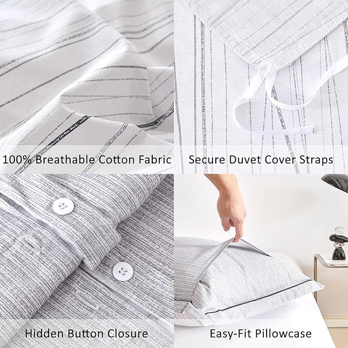 Modern Urban 100% Natural Cotton Duvet Cover Sets 3Pcs - Gray Artistic Lines Pattern on White with Textured Light-Gray Reverse, Minimalist Bedding Set with Button Closure(King,104"×90"