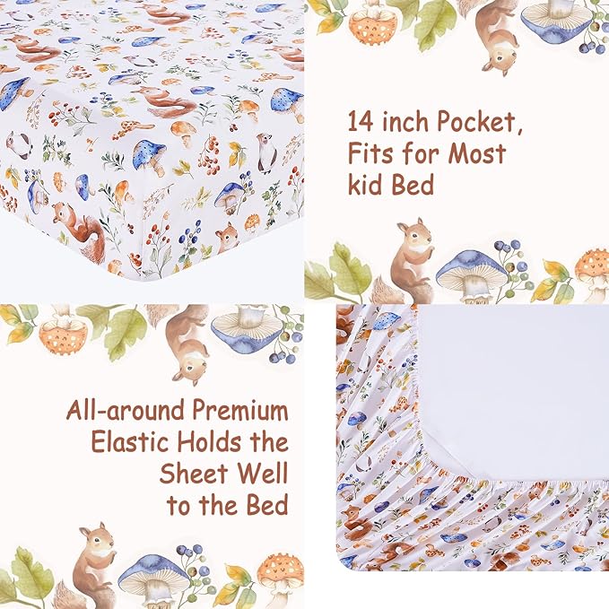 Kids Sheet Set Full Size, Full Sheet Set with Oil Squirrel Pattern，Breathable Silky Soft Microfiber Kids Fitted Sheet