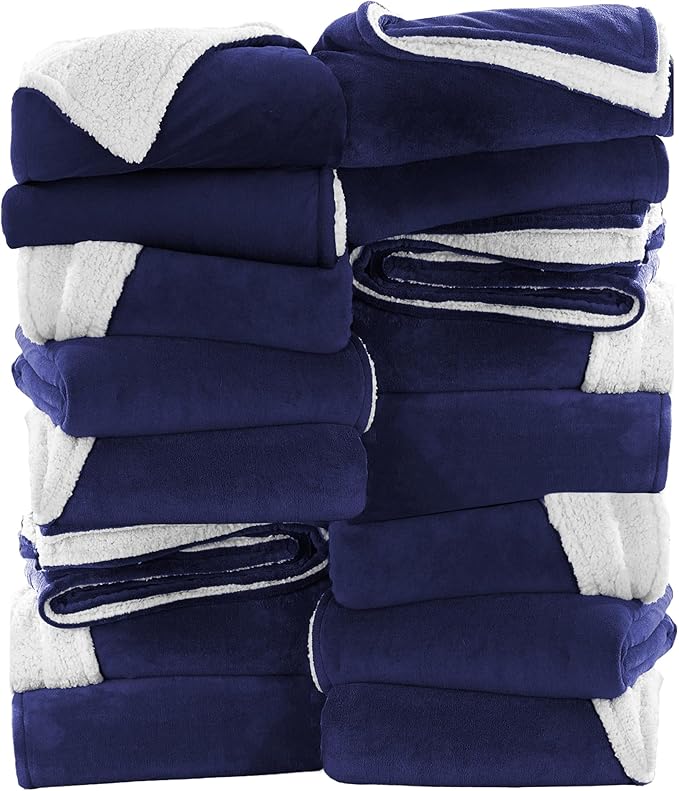 MOONLIGHT20015 Navy Sherpa Fleece Throw Blanket for Bed - Wholesale Bulk Pack of 16 Sherpa Blankets - Soft Fluffy Throw Blankets for Hotels, Guest Bedroom, 50x60 Inches